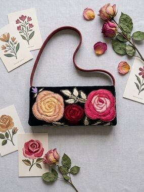 Santi Embroidered Rose Floral Beaded Evening Bag Purse